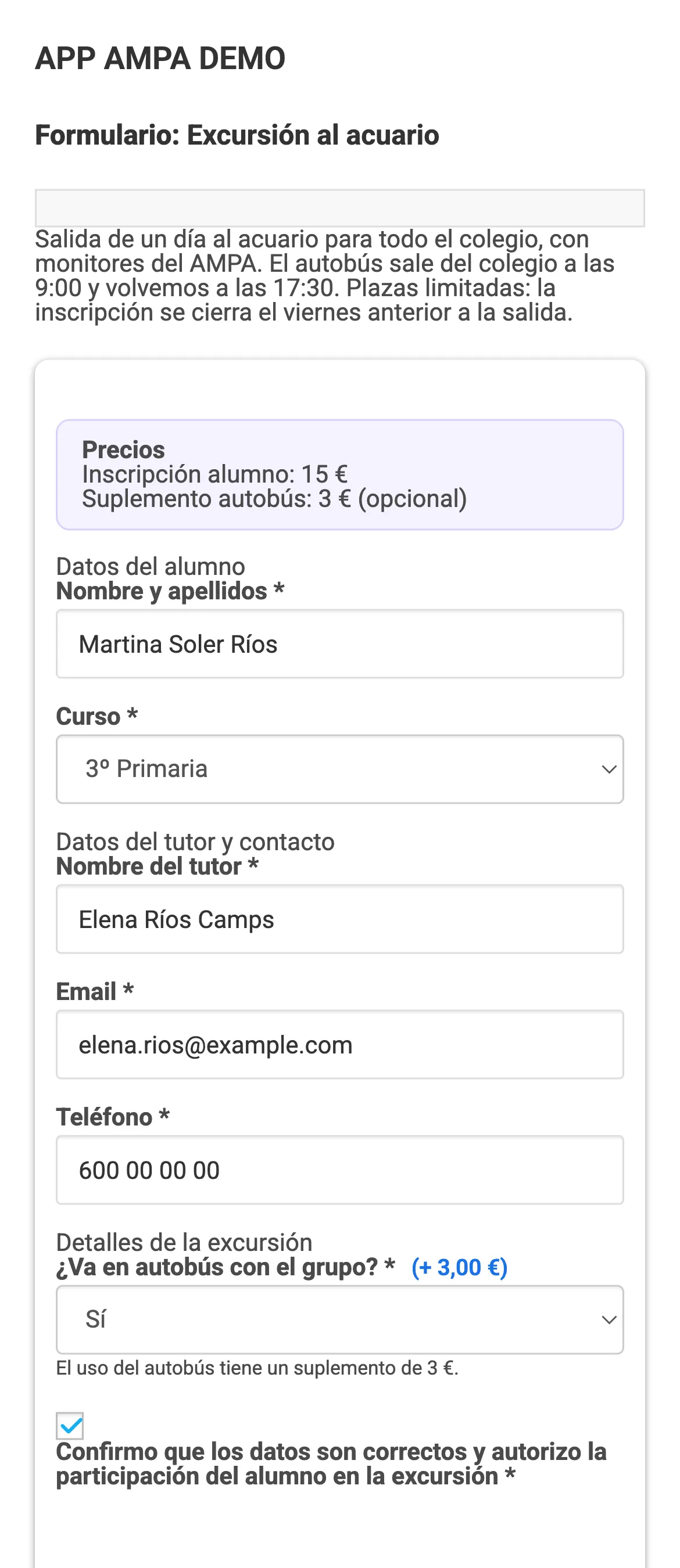 El formulario de la excursión relleno dentro del móvil: los precios arriba, los datos del alumno y del tutor, la pregunta de si va en autobús con su suplemento de tres euros, y el total a pagar calculado en dieciocho euros.